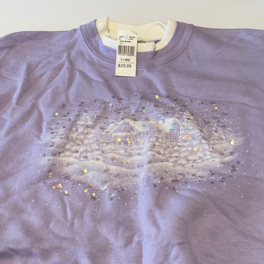 Morning Sun Lavender Purple Winter Cabin Sequin Sweatshirt Mens XL New Old Stock